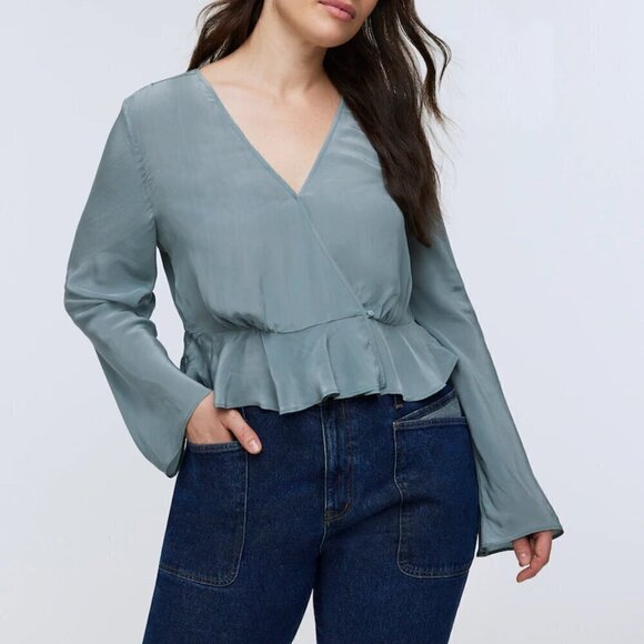 Madewell Flowy Bell Sleeve Ruffled Hem Wrap Top Size 0/XS NWT - Picture 1 of 8